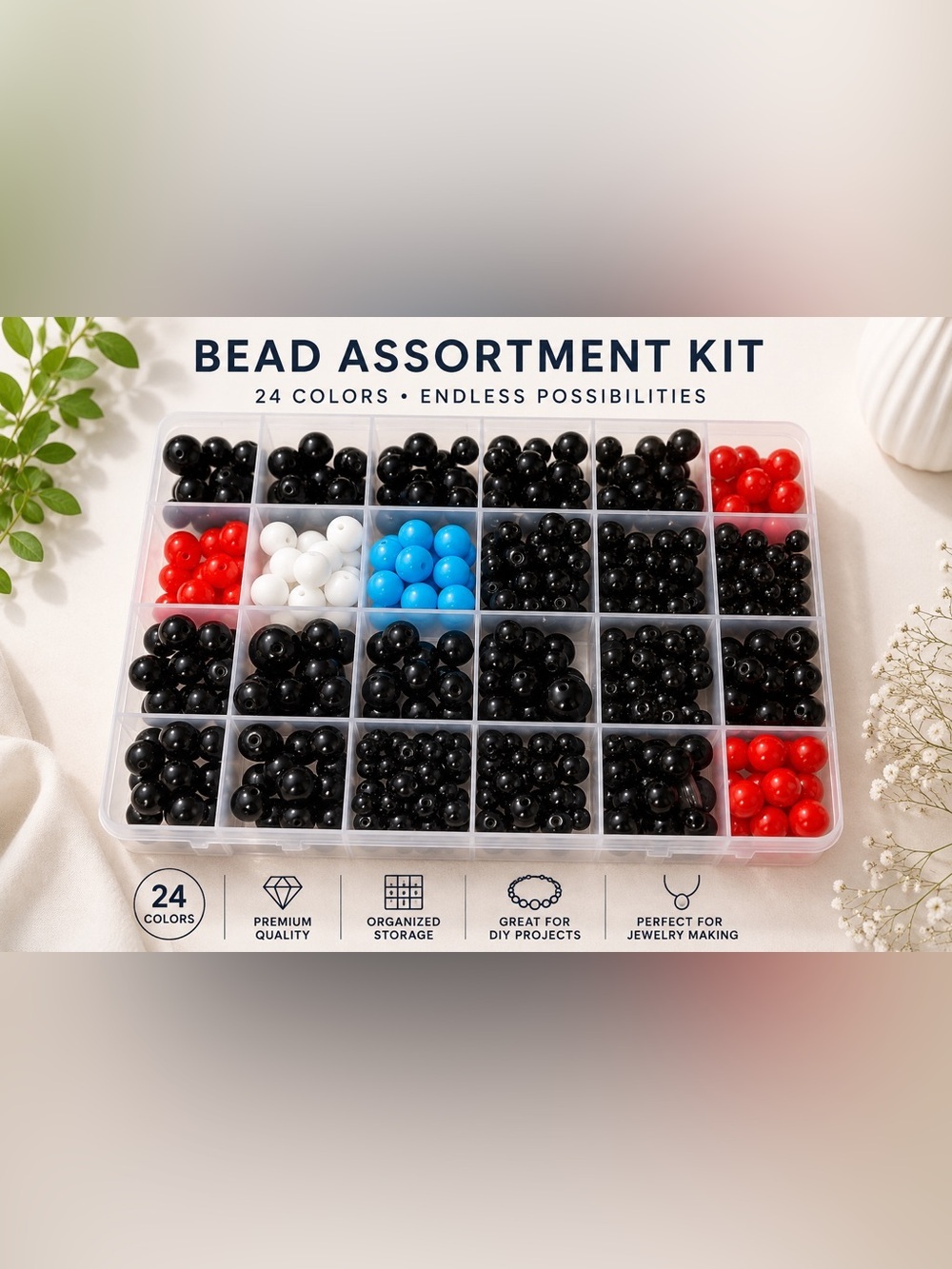 Bead Assortment Kit - Black, Red, White, Blue Beads for Women Jewelry Bracelets